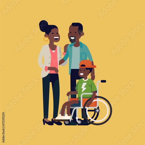 Character design on African parents and their limited abilities son together smiling Cheerful African family with disabled child in a wheelchair flat design vector illustration