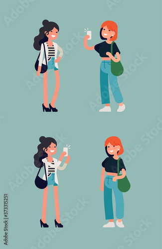Cute girls taking pictures of each other with mobile phone. Flat character design on young adult women having fun posing for mobile phone camera, isolated