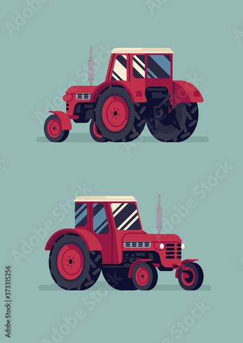 Agricultural machinery farm field small tractor with cabin, front and back view vector design element. Ideal for craft, organic farming graphic and web design