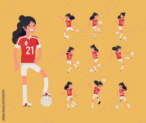 Girls football team member poses bundle. Cheerful longhaired female soccer or football player performing various shots, tricks, kicking and passing a ball, running