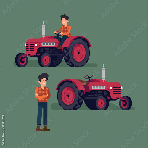 Cool farmer character with compact tractor. Male rural farm worker riding a agricultural machine and standing next to it. Cheerful rural heavy machinery driver flat design illustration