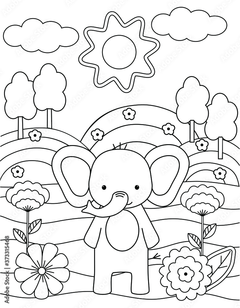 Kids coloring book with cute elephant, trees and flowers. Simple shapes, contour for small children. Cartoon vector illustration. Kids coloring book with cute elephant, trees and flowers. Simple shapes, contour for small children. Cartoon vector illustration.