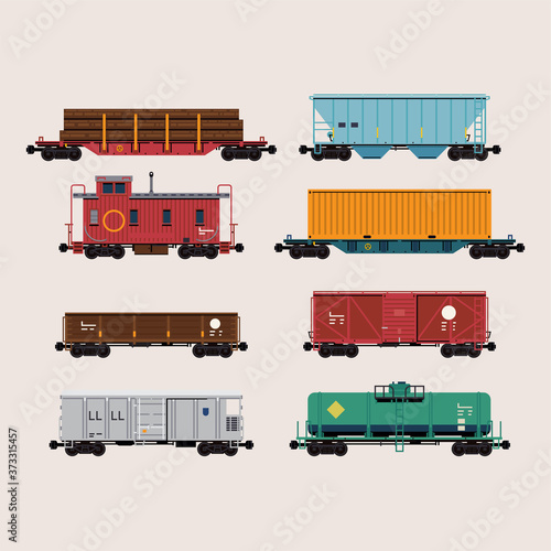 Flat design freight cars bundle including flatcars, hopper, refrigerator, tank, container, gondola and caboose