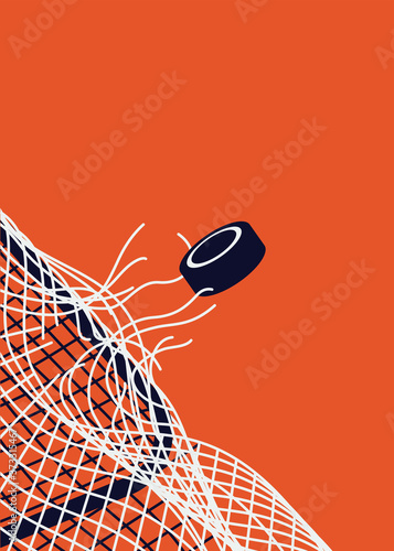 Minimal style illustration on ice hockey game with hockey puck breaks through goal net