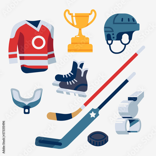 Cool ice hockey equipment items collection including jersey, trophy cup, helmet, mouthguard, finger whistle, puck and skates