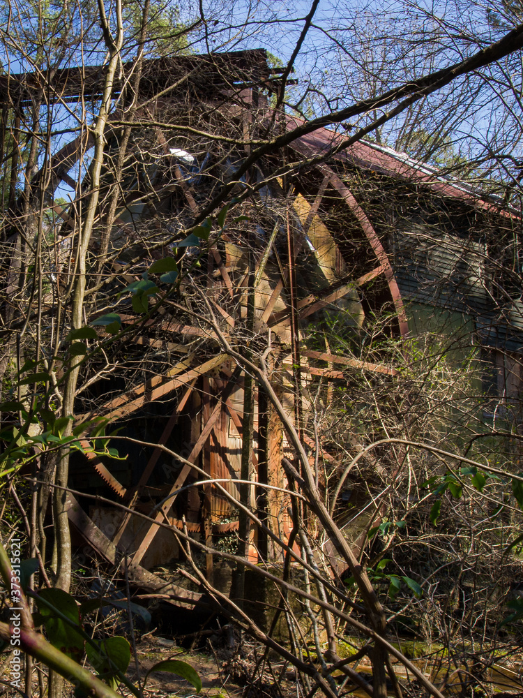 Obraz premium Abandoned grist mill and water wheel being over grown by the surrounding forest