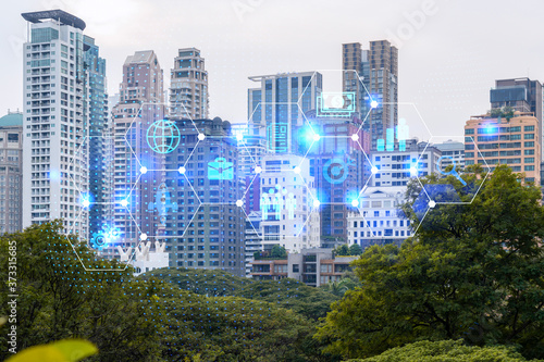 Research and development hologram over panorama city view of Bangkok, hub of new technologies to optimize business in Asia. Concept of exceeding opportunities. Double exposure.