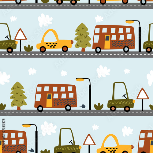 seamless pattern with cars on the road - vector illustration, eps