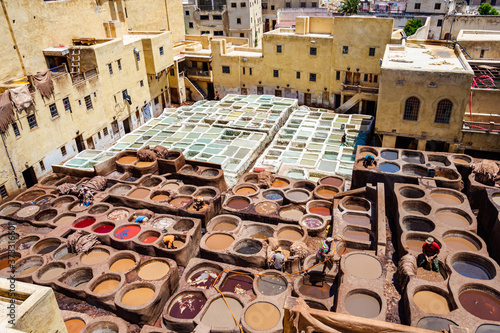 Fez, Morocco - June 25, 2019: Traditional leather tanneries in the medina of Fez, Morocco, Africa.