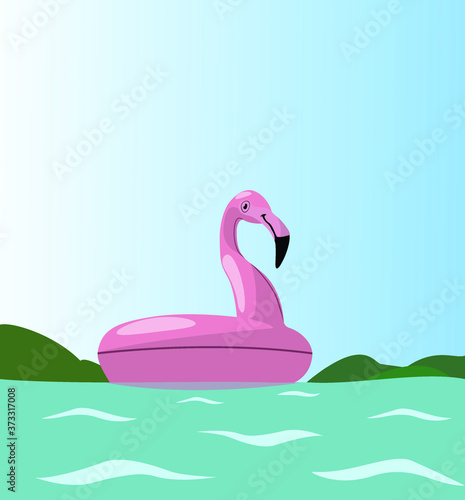Pink rubber ring on blue water. An inflatable flamingo floats on the bare waves in the sea. Stock vector illustration. © Oleksii