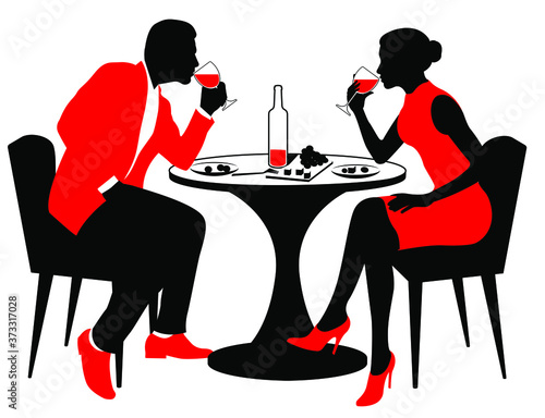 a man in a suit and a woman in a red dress are sitting in a restaurant and drinking red wine from glasses and eating cheese. Romantic couple dinner. Stock vector illustration.