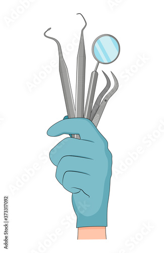 Doctor's hand in blue latex glove holding dental tools vector illustration.