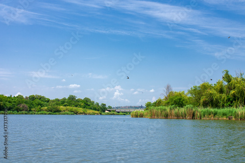 An industrial city on the banks of the river. Kryvyi Rih, Ukraine. Landscape. Ekology. photo