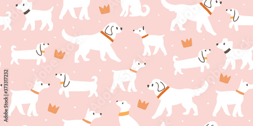 Fototapeta Naklejka Na Ścianę i Meble -  seamless pattern with cute white dogs, crowns
