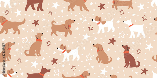 Vector seamless pattern with cute dogs, stars pink