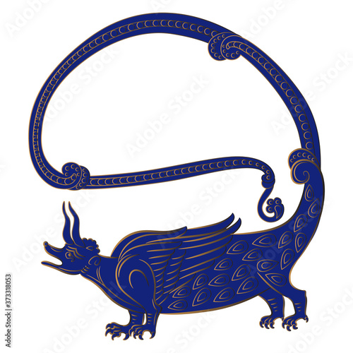 Fantastic blue dragon with long tail. Gothic medieval art. Illuminated manuscript motif.