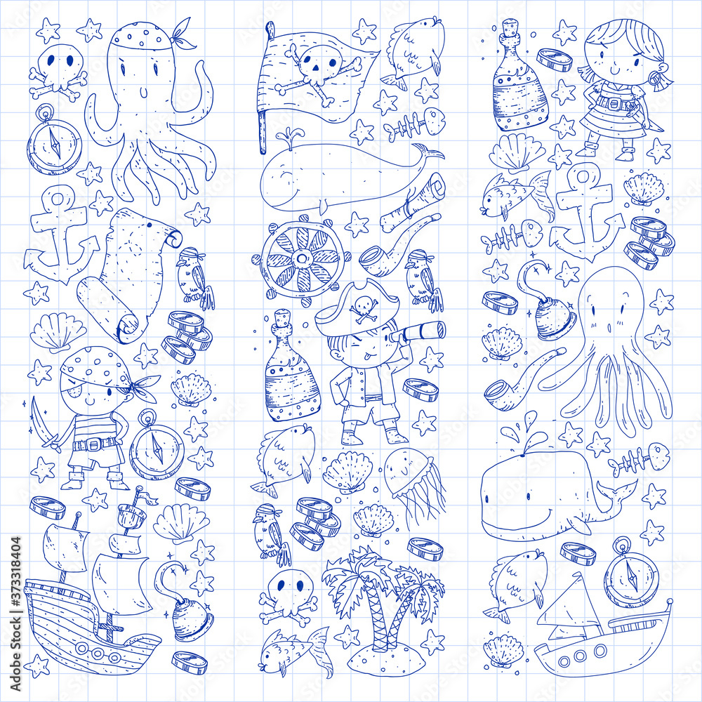 Vector pirate set in cartoon style. Sweet card with pirates, ship, whale, crab, octopus, mermaid, rum, anchor, treasure, fish, island and parrot. Vector pirate set in cartoon style. Sweet card with pirates, ship, whale, crab, octopus, mermaid, rum, anchor, treasure, fish, island and parrot.