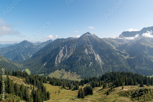 Bavarian Landscape in the summer with mountain, valley and trees.