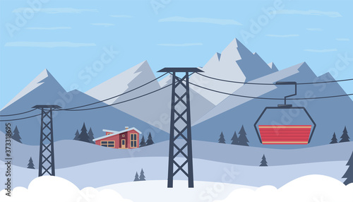 Ski resort. Winter mountain landscape with lodge, ski lift. Mountain tours conceptual web banner. Winter sports vacation. Vector illustration.