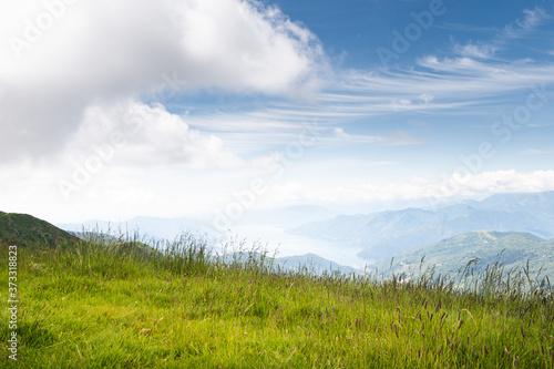 Quiet mountain meadow with mountain herbs in the sunshine with light cloud cover on Monte Tamaro with a wide view of Lake Lugano.