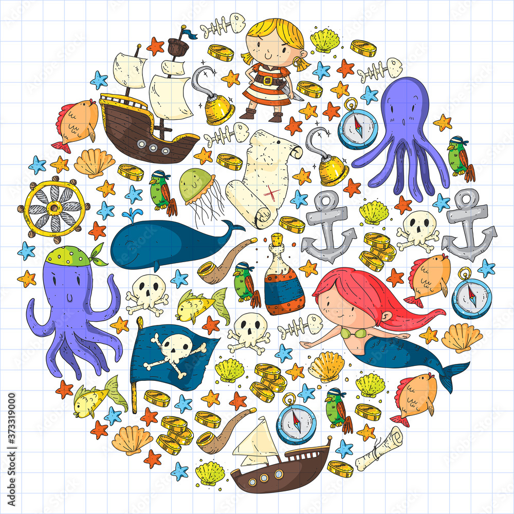 Vector pirate set in cartoon style. Sweet card with pirates, ship, whale, crab, octopus, mermaid, rum, anchor, treasure, fish, island and parrot. Vector pirate set in cartoon style. Sweet card with pirates, ship, whale, crab, octopus, mermaid, rum, anchor, treasure, fish, island and parrot.