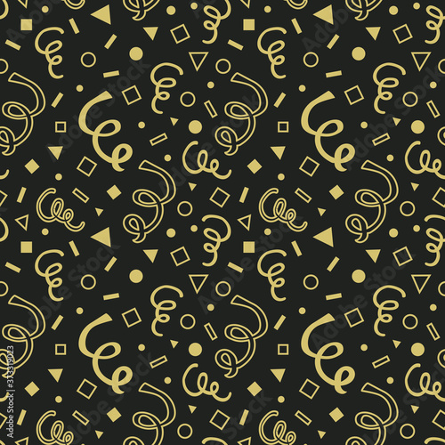 Golden cartoon hand drawn curls and geometrical shapes seamless pattern on black background design element