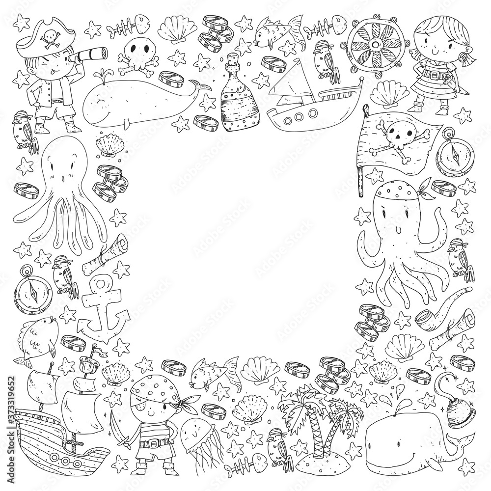Vector pirate set in cartoon style. Sweet card with pirates, ship, whale, crab, octopus, mermaid, rum, anchor, treasure, fish, island and parrot. Vector pirate set in cartoon style. Sweet card with pirates, ship, whale, crab, octopus, mermaid, rum, anchor, treasure, fish, island and parrot.