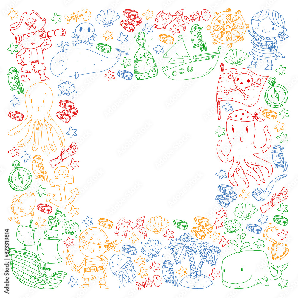Vector pirate set in cartoon style. Sweet card with pirates, ship, whale, crab, octopus, mermaid, rum, anchor, treasure, fish, island and parrot. Vector pirate set in cartoon style. Sweet card with pirates, ship, whale, crab, octopus, mermaid, rum, anchor, treasure, fish, island and parrot.