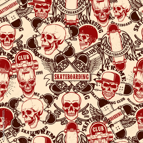 Seamless pattern with skateboard emblems in monochrome style. Design element for poster, card, banner. Vector illustration