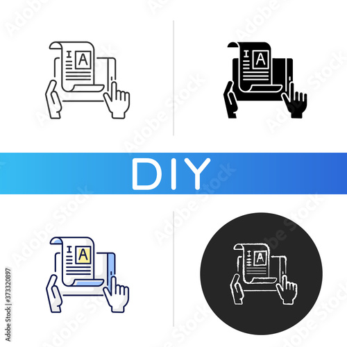 Self publishing black glyph icon. Digital article. Copywriter document. Professional journalist. Independent author. Online book edit. Linear black and RGB color styles. Isolated vector illustrations