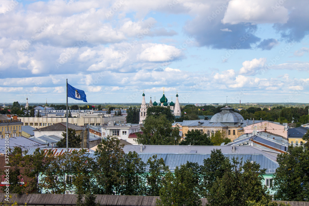 panoramic view of the old city with historical architecture against a blue sky with white clouds on a clear summer day and space for copying in Yaroslavl Russia