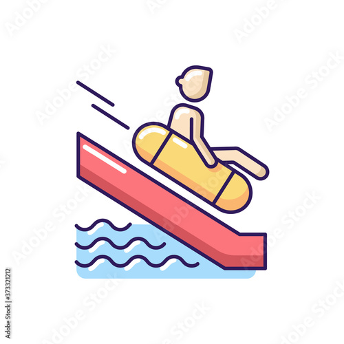 Sliding on swim circle RGB color icon. Water park attraction. Active summer recreation, aqua park entertainment. Tourist on waterslide isolated vector illustration