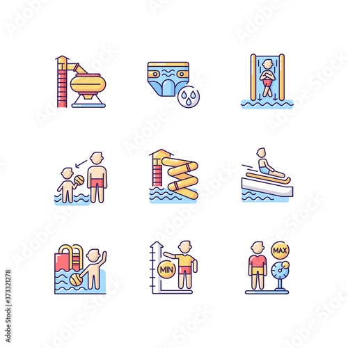 Waterpark RGB color icons set. Aqua park rides and safety rules. Active seasonal recreation, summertime. Fun for adults and children. Isolated vector illustrations