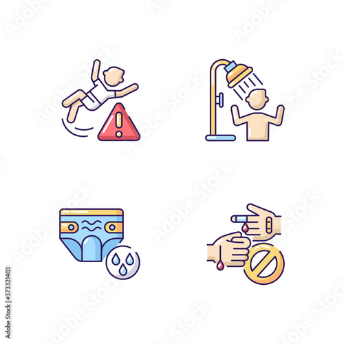 Aquapark recreation tips RGB color icons set. Swim diapers for kids, use shower, be careful. Water park rules and precautions. Isolated vector illustrations