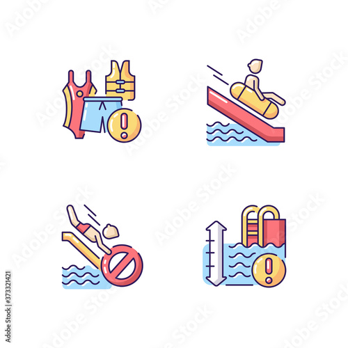 Water park rules and restrictions RGB color icons set. Waterslide riding rules, water depth warning and swimsuits requirement. Isolated vector illustrations