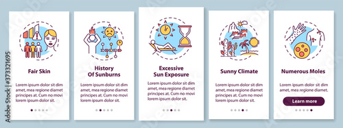 Skin cancer risk factors onboarding mobile app page screen with concepts. Numerous moles. Sunny climate. Walkthrough 5 steps graphic instructions. UI vector template with RGB color illustrations