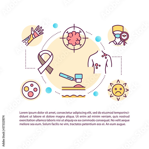 Skin cancer concept icon with text. Oncology. Dermatologist. Symptom and causes. Melanoma. PPT page vector template. Brochure, magazine, booklet design element with linear illustrations