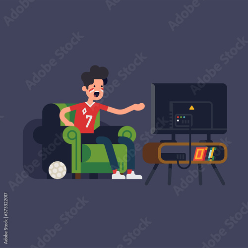 Cool sports fan character sitting in armchair watching sports on TV yelling at screen. Angry guy in chair in front of television set