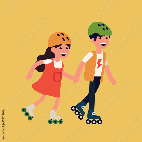 Cool vector summer sport for kids illustration. Siblings enjoying summer vacation season together. Girl and boy ride on roller skates