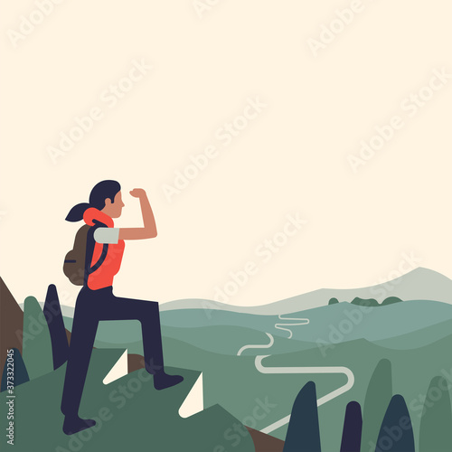 Strong confident woman standing on verge of mountain observing road ahead vector illustration with copy space