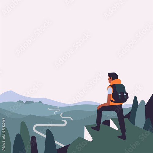 Person standing on verge of mountain observing road ahead vector illustration with copy space