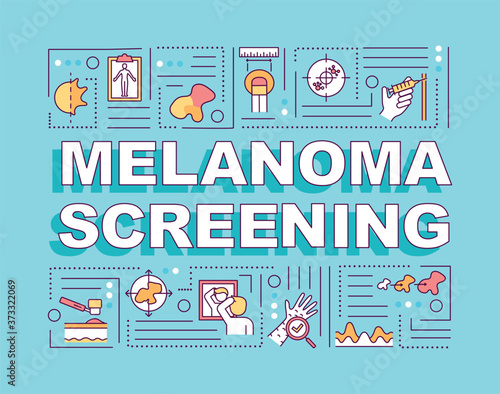 Melanoma screening word concepts banner. ABCDEs of skin cancer. Carcinoma. Infographics with linear icons on blue background. Isolated typography. Vector outline RGB color illustration