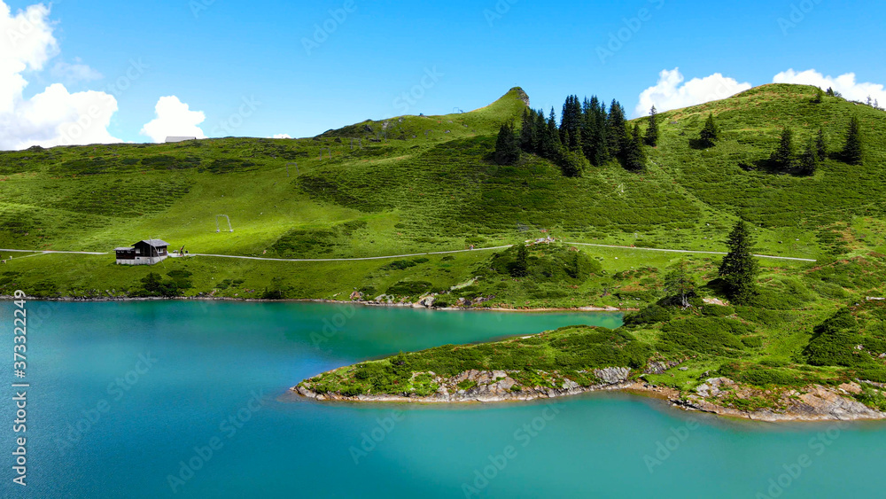 The beautiful mountain lake in the Swiss Alps - aerial view on Mount Titlis - travel photography