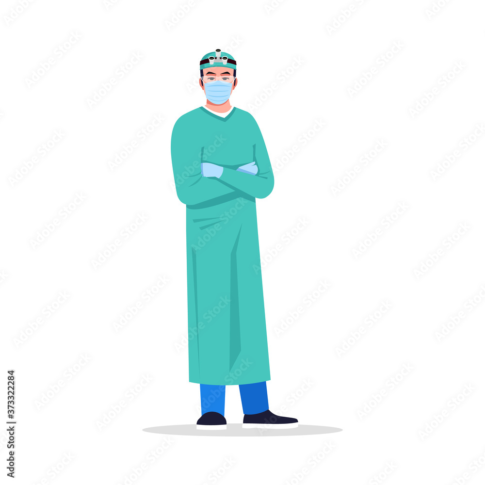Male surgeon semi flat RGB color vector illustration. Medical clinic. Surgeon professional worker. Young chinese man working as surgery physician isolated cartoon character on white background