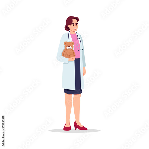 Baby doctor semi flat RGB color vector illustration. Children care doctor. Medical personnel. Young caucasian woman working as pediatrician isolated cartoon character on white background