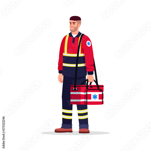 Emergency medical technician semi flat RGB color vector illustration. Health professional. Male paramedic. European man working as EMT with medical bag isolated cartoon character on white background