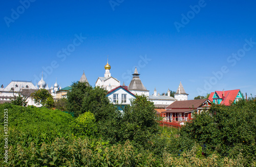 panoramic view of the old city with historical architecture against the blue sky on a clear summer day and space for copying in Rostov Yaroslavl region Russia