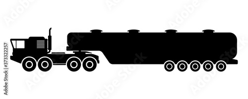 Heavy truck tractor tanker icon. Side view. Black silhouette. Gasoline tanker. Vector flat graphic illustration. The isolated object on a white background. Isolate.