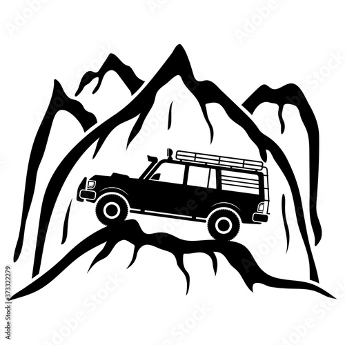 Expedition off-road vehicle in the mountains icon. Side view. Black silhouette. Vector flat graphic illustration. The isolated object on a white background. Isolate.