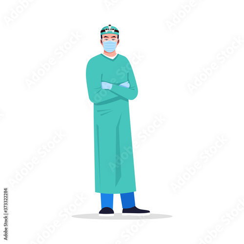 Male surgeon semi flat RGB color vector illustration. Medical clinic. Surgeon professional worker. Young chinese man working as surgery physician isolated cartoon character on white background